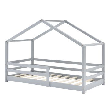 Lit d'Enfant Maison avec Barreaux de Sécurité Knätten Pin 70 x 140 cm Gris Clair Mat Laqué [en.casa] 