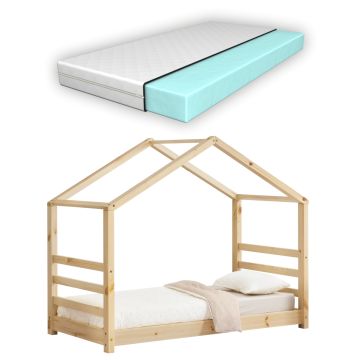 Lit d'enfant Design Maison avec Matelas Lit Cabane Pin Feuille de Placage Mousse à Froid Housse 100% Polyester Plusieurs Couleurs 70x140cm/80x160cm/90x200cm [en.casa] [neu.haus]