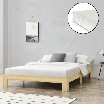 Cadre de Lit Double Raisio à Matelas à Mousse à Froid Pin 140 x 200 cm Bois Naturel [en.casa]