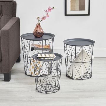 Set de 3 Tables Gigognes Worcester Métal Plateau Amovible Gris Foncé [en.casa]