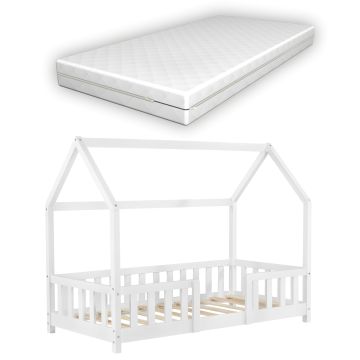 Lit d'enfant Forme Maison Sisimiut avec Matelas Orthopédique 140 x 70 cm Blanc [en.casa]