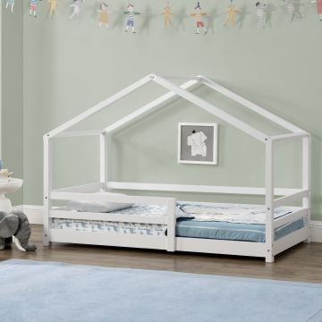 Lit d'Enfant Maison avec Barreaux de Sécurité Knätten Pin 90 x 200 cm Blanc Mat Laqué [en.casa]