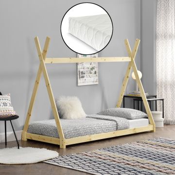 [en.casa] Lit de Tipi avec Matelas Lit Enfant Bois Naturel Sommier à Lattes 200 x 90 cm