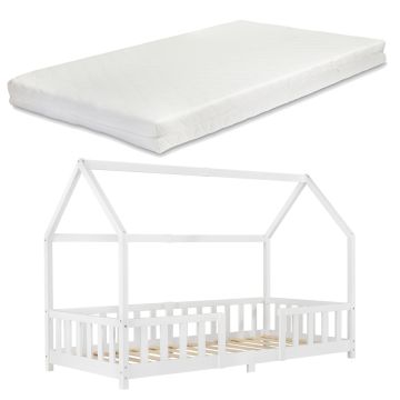 Lit d'enfant Design Forme Maison Construction Robuste avec Matelas Lit Cabane avec Grille de Protection Bois de Pin Contreplaqué [en.casa] [neu.haus]