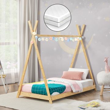 Lit tipi Vimpeli pour enfant avec matelas bambou naturel [en.casa]