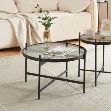 Table basse Lier avec plateau rond en verre trempé de 5 mm métal 61 x 40 cm noir [en.casa]