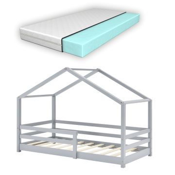 Lit Cabane Knätten avec Grille de Protection et Matelas Orthopédique 160 x 80 cm Gris Clair [en.casa]