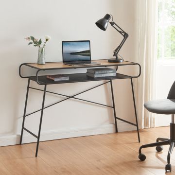 Bureau Krødsherad avec étagère métal MDF 76 x 106 x 46 cm noir effet chêne [en.casa]