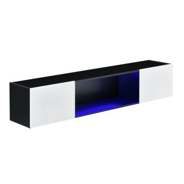 Étagère Murale Thabong avec Éclairage LED Bleu 150 x 30 x 30 cm Noir Blanc Brillant [en.casa]