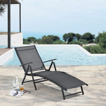 Transat Alborea Inclinable 160° Bain de Soleil avec Accoudoirs 150 x 65 x 86 cm Noir [en.casa]