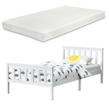 Cadre de Lit Simple Breda en Pin avec Matelas à Mousse à Froid 90 x 200 cm Blanc Mat Laqué [en.casa]