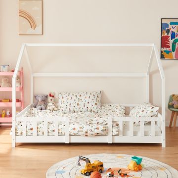 Lit d'Enfant Design Forme Maison Sisimiut Pin 200 x 140 cm Blanc Mat Laqué [en.casa]