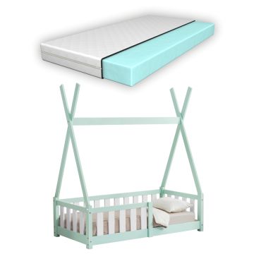 Lit Enfant Cabane avec Matelas Orthopédique Helsingborg 146x76x165cm [en.casa]