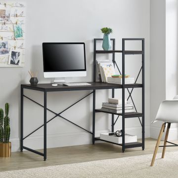 Bureau avec Etagères Stavanger 122 x 120 x 64 cm Effet Noyer et Noir [en.casa]