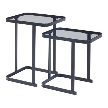 Set de 2 tables basses gigognes Laxå de tailles différentes verre trempé de 4 mm métal noir [en.casa]