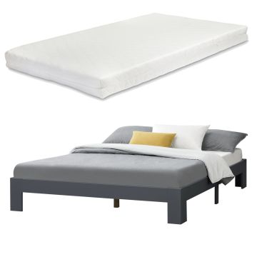 Cadre de Lit Double Raisio à Matelas à Mousse à Froid Pin 140 x 200 cm Gris Foncé [en.casa]