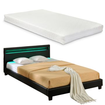 Lit capitonné à LED Corium (Paris) avec matelas (160x200cm)(noir)(mousse froide) - avec cuir synthétique / housse en cuir synthétique / éclairage RVB / avec sommier à lattes /