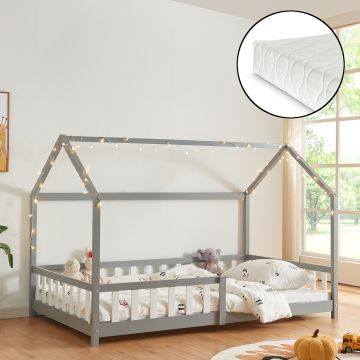 Lit cabane Hesel avec matelas à mousse froid 140 x 200 cm gris [en.casa]