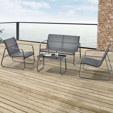 Salon de Jardin Palencia de 4 Meubles Acier PVC Noir Gris Foncé [en.casa]