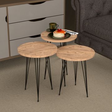 Set de 3 tables d'appoint Ry rondes gigognes naturel noir [en.casa]