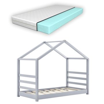 Lit Cabane Vardø avec Grille et Matelas Orthopédique 80 x 160 cm Gris [en.casa]