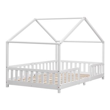 Lit d'Enfant Forme Maison avec Grille de Protection Treviolo  200 x 120 cm Blanc Mat Laqué [en.casa]