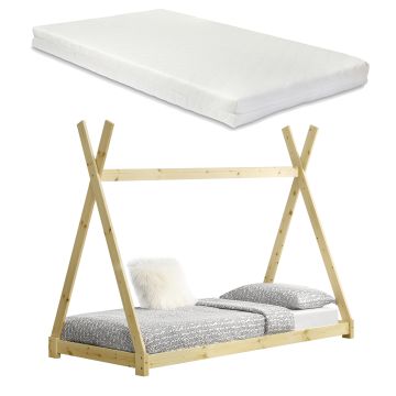 [en.casa] Lit de Tipi avec Matelas Lit Enfant Bois Naturel Sommier à Lattes 200 x 90 cm