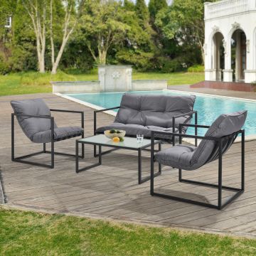 Salon de Jardin Dallas en Acier avec Coussins Bois Noir Gris [casa.pro]