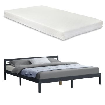 Cadre de Lit Double Nakkila Pin avec Matelas à Mousse à Froid 180 x 200 cm Gris Foncé [en.casa]