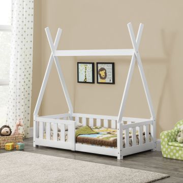 Lit Tipi pour Enfants Helsingborg avec Grille de Sécurité Pin 140 x 70 cm Blanc [en.casa]