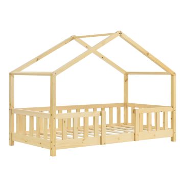 Lit d'Enfant Forme Maison avec Grille de Protection Treviolo 160 x 80 cm Bois Naturel [en.casa]