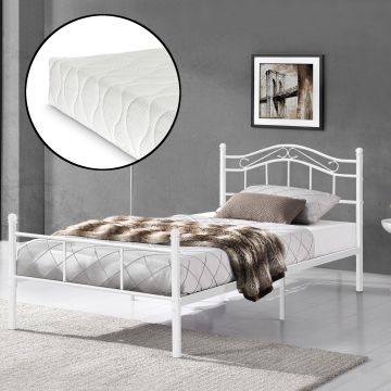 Cadre de Lit Standard avec matelas Florenz en Métal  90 x 200 cm Blanc [en.casa]