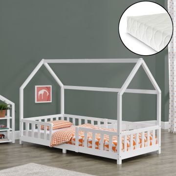 Lit d'enfant Design Forme Maison Construction Robuste avec Matelas Lit Cabane avec Grille de Protection Bois de Pin Contreplaqué [en.casa] [neu.haus]