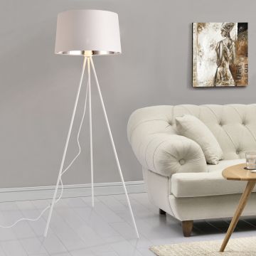 Lampadaire Trépied Manchester E27 Métal Textile Hauteur 150 cm Blanc Argenté [lux.pro]