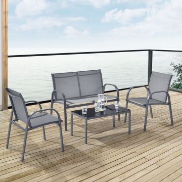 Salon de Jardin de 4 Meubles Gagra Acier PVC Polyester Noir Gris Clair [en.casa]