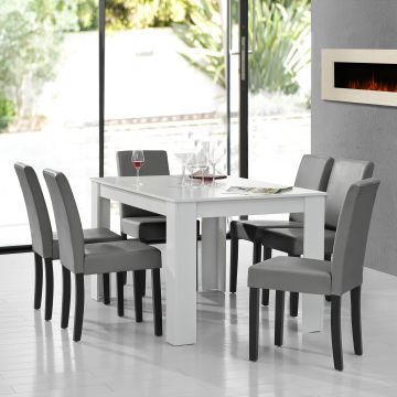 Table à manger blanc mat 140 x 90 cm avec 6 chaises gris brilliant [en.casa]