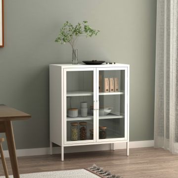 Buffet métallique avec portes vitrées Fauske acier verre trempé 102 x 80 x 40 cm blanc [en.casa]