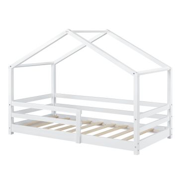 Lit d'Enfant Maison avec Barreaux de Sécurité Knätten Pin 90 x 200 cm Blanc Mat Laqué [en.casa]