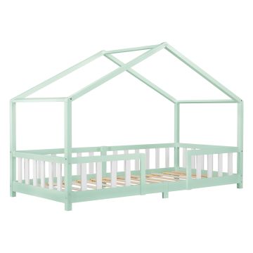 Lit d'Enfant Forme Maison avec Grille de Protection Treviolo 200 x 90 cm Menthe Blanc Mat Laqué [en.casa]