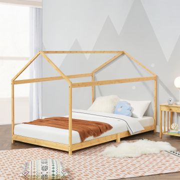 Lit cabane Vindafjord pour enfant 90 x 200 cm forme maison bambou naturel [en.casa]