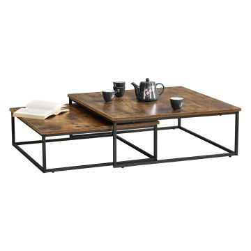 Lot de 2 tables basses gigognes Haninge carrées Effet bois foncé [en.casa]