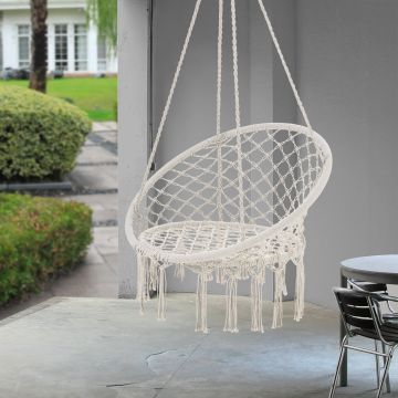 Siège Suspendue Rond à Franges Tampico Diamètre d'Assise 60cm Crème [casa.pro]