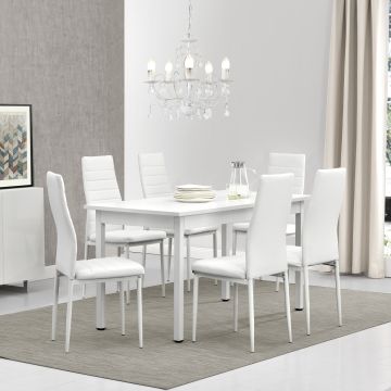 Table à manger blanc 140 x 60 x 75 cm avec 6 chaises blanc [en.casa]