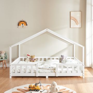 Lit d'Enfant Forme Maison avec Grille de Protection Treviolo  200 x 140 cm Blanc Mat Laqué [en.casa]