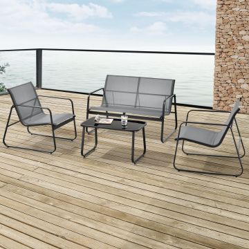 Salon de Jardin Palencia de 4 Meubles Acier PVC Noir Gris Clair [en.casa]