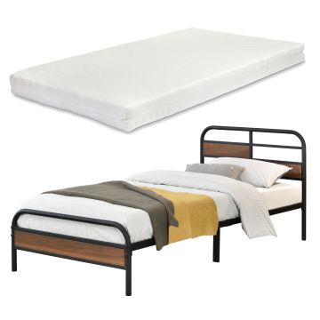 Cadre de Lit Aarau en Métal Matelas Noir Mat Effet Noyer [neu.haus] [en.casa]