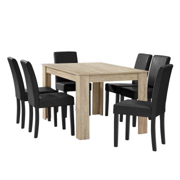 [en.casa] Table à manger chêne brilliant avec 6 chaises noir cuir-synthétique rembourré140x90 