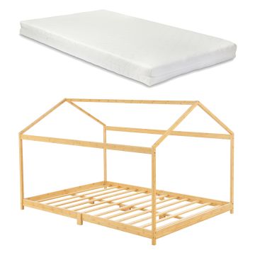 Lit cabane Vindafjord pour enfant 160 x 200 cm avec matelas sommier à lattes bambou naturel [en.casa]