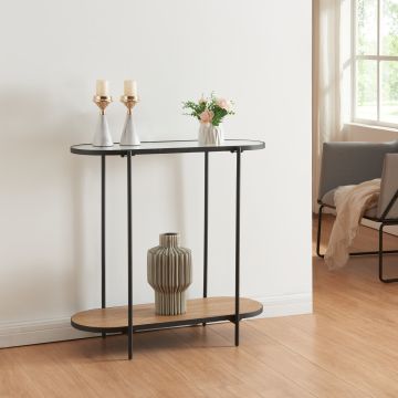 Table console Høyanger métal verre MDF 80 x 80 x 30 cm noir transparent effet chêne [en.casa]