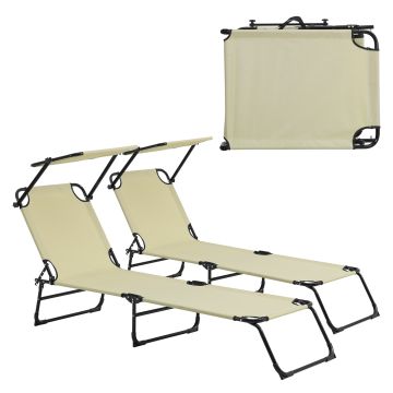 [casa.pro] Transats [2er Set] pliable 190cm crème avec toiture pare-soleil de relax acier